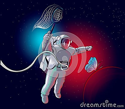 Cosmonaut is chasing a butterfly. Vector Illustration